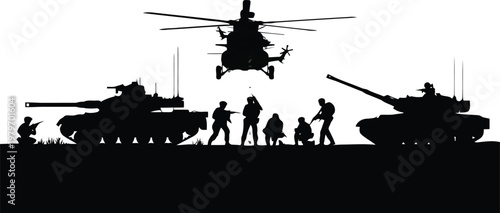 Soldiers standing in front of tanks and helicopter