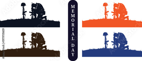 Memorial day silhouette collage honoring fallen heroes with symbolic landscapes and patriotic colors