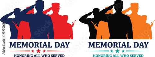 Memorial day tribute silhouettes of soldiers saluting with patriotic colors and text
