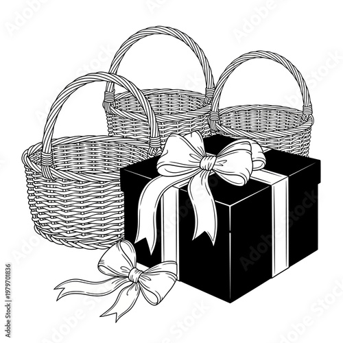 A stack of woven baskets with a gift box and ribbon illustration