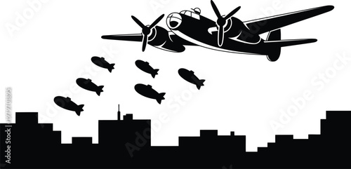 A black and white image of a plane dropping bombs on a city