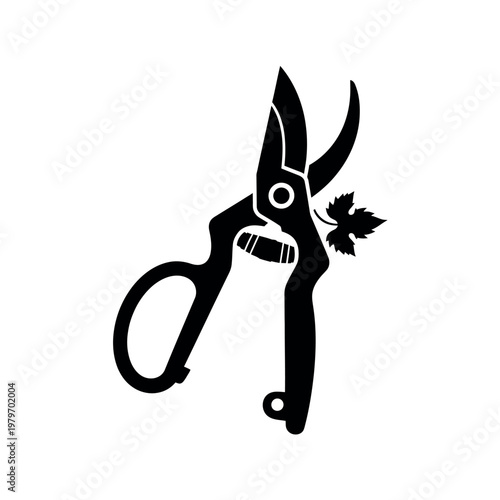 Black Silhouette of Garden Pruning Shears with a Small Leaf.