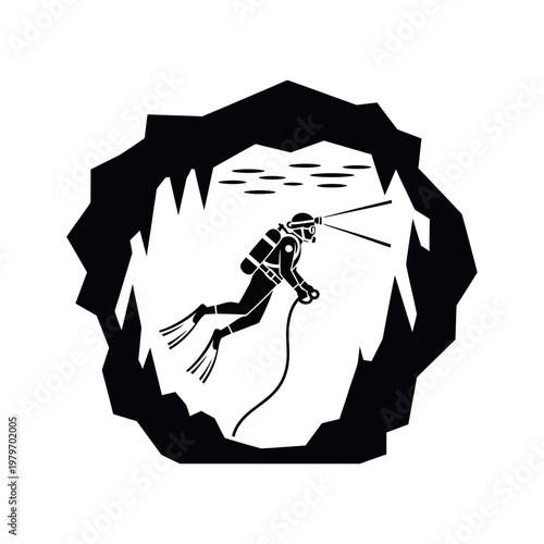 Cave Diver Exploring Underwater Grotto with Lights.