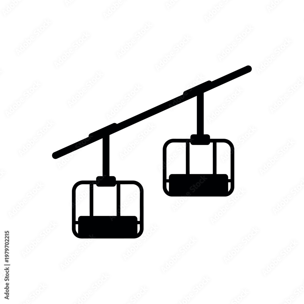 Fototapeta premium Ski lift chairs on a cable in a simple black and white illustration.