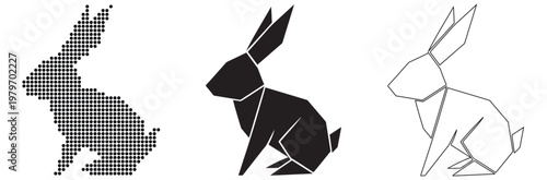 Three stylized rabbit icons showing different artistic interpretations of the animal