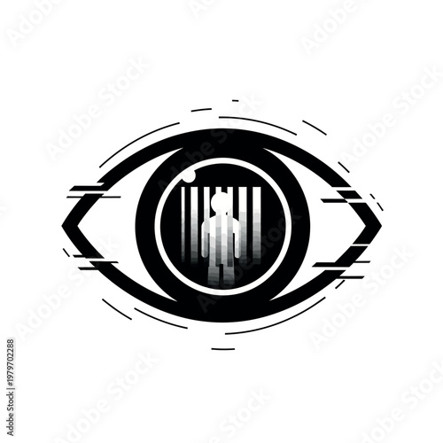 Surveillance Eye Symbol with Person Behind Bars.