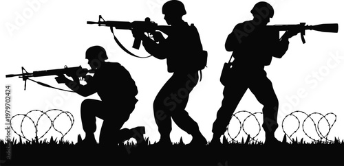 Soldiers in combat stance with barbed wire