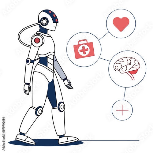 Robot with medical and health icons, representing AI in healthcare, artificial