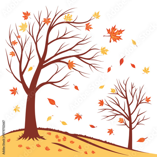 Two trees shedding leaves in autumn on a hillside with the ground is covered