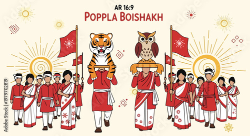 Illustration of a vibrant Pohela Boishakh procession with people in traditional attire carrying flags, a tiger, and an owl cutout, celebrating the Bengali New Year.