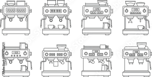 Collection of eight modern espresso machine line art icons, showcasing different digital displays and brewing components, perfect for coffee shop or cafe branding.