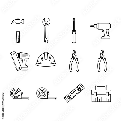 Collection of various construction and repair tools in a line art style.