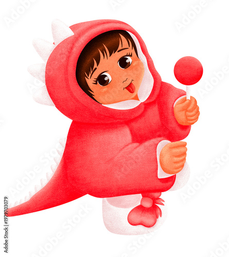 A cute illustration of a child in a red dinosaur costume holding a red lollipop. The child is looking at the viewer with their tongue slightly out.