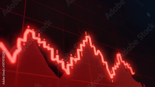 Stock market graph, declining red neon line chart, financial data display with grid background, symbolizing economic downturn, market decline, and financial loss.