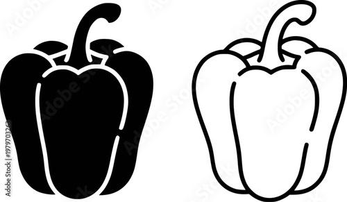 Black and White Bell Pepper Solid Silhouette and Outline