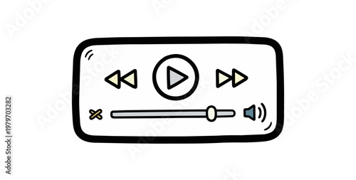 Media player interface illustration with playback controls and volume indicator