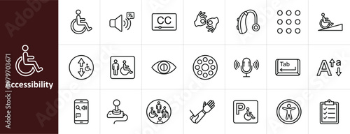 Accessibility and Inclusion Line Icon Set - Minimalist Assistive Technology and Universal Design Vector Illustrations