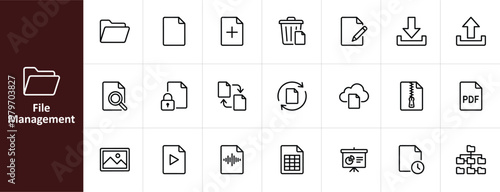 File Management and Storage Line Icon Set - Minimalist Document and Data Vector Illustrations