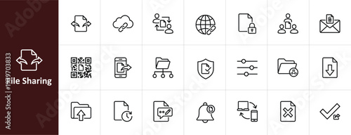 File Sharing and Transfer Line Icon Set - Minimalist Collaboration and Network Vector Illustrations