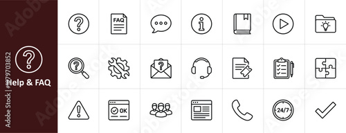 Help and FAQ Line Icon Set - Minimalist Customer Support and Self-Service Vector Illustrations