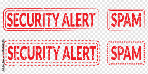 Set of red security alert and spam grunge rubber stamps with different border styles vector illustration on transparent background PNG