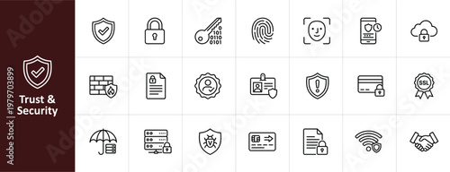 Trust and Security Line Icon Set - Minimalist Cybersecurity and Data Protection Vector Illustrations