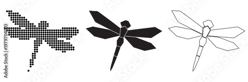 Three stylized dragonfly icons showing pixelated, silhouette, and outline designs