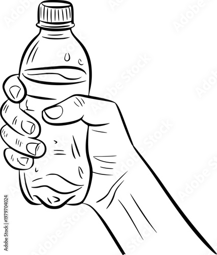 Hand holding a clear plastic water bottle with a black outline a white background