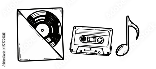 Vintage music elements illustration vinyl record cassette note
