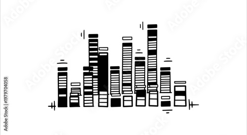 Abstract geometric city skyline illustration in black and white