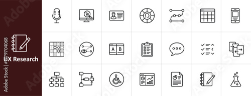 UX Research and User Experience Line Icon Set - Minimalist Product Design and Methodology Vector Illustrations