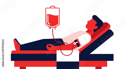 Illustration of a Person Donating Blood While Lying Down on a Medical Bed Connected to a Blood Bag