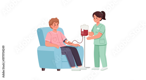 Illustration of a male patient receiving a blood transfusion from a nurse in a clinic setting