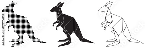 Three stylized kangaroos in pixel art, geometric silhouette, and line art styles