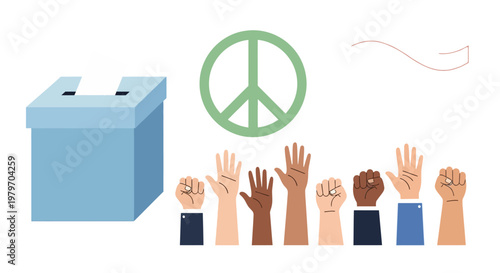 Illustration of a voting box, a peace symbol, and diverse hands raised, representing democracy and human rights