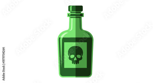 Illustration of a green glass bottle with a skull and crossbones symbol, representing poison or a dangerous substance, isolated on a white background