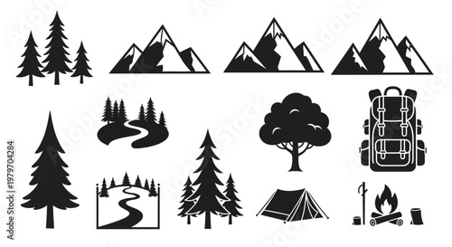 Black silhouette icons for outdoor adventure travel.