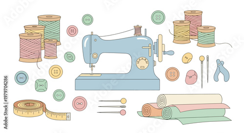 A collection of sewing tools and supplies including a vintage sewing machine, spools of thread, buttons, fabric, measuring tape, and needles, illustrating the craft of sewing and tailoring