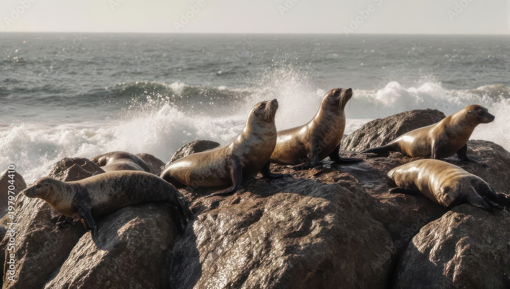 Fototapeta premium Colony of Sea Lions Basking on Coastal Rocks by the Ocean.