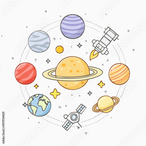 Solar System Planets and Spacecraft Illustration.