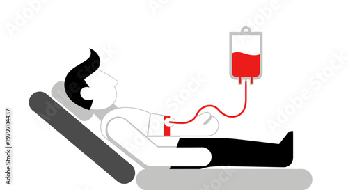 Illustration of a person lying down receiving a blood transfusion from an IV bag, symbolizing donation or medical treatment