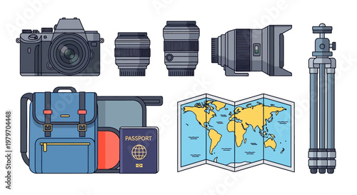 Collection of travel essentials including a camera, lenses, backpack, passport, world map, and tripod, perfect for documenting adventures