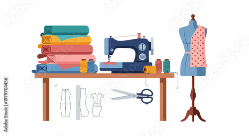 Creative textile art and sewing machine on a crafting table with tailor's dummy and supplies