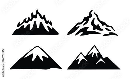 Collection of Four Stylized Mountain Silhouettes in Black and White