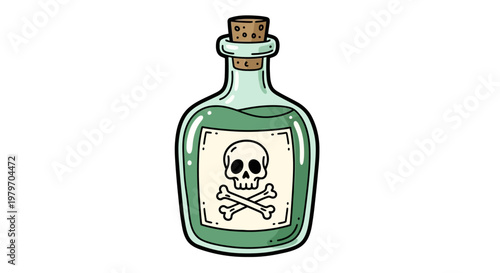 A green liquid in a glass bottle with a skull and crossbones symbol on the label, representing danger and poison