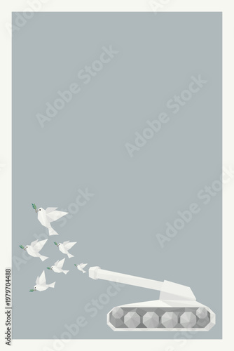 Abstract polygon flock of peace doves carrying olive branch flew out from the muzzle of the military tank's cannon on gray vertical background have blank space.