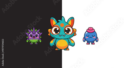 Colorful cartoon monsters on black and white background.