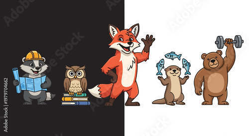 A group of cartoon animals exercising and learning.