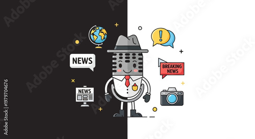 A cartoon robot surrounded by media icons.