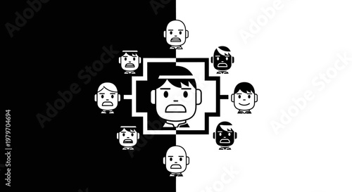 Illustration of a stressed person surrounded by various emotive faces.